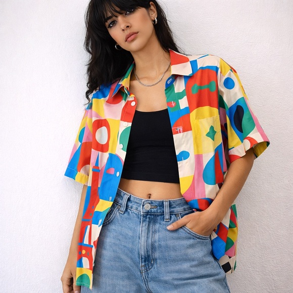 Hardaddy Other - Retro Art Teacher Hawaiian Shirt L Memphis Style Modern Abstract AOP Geometric